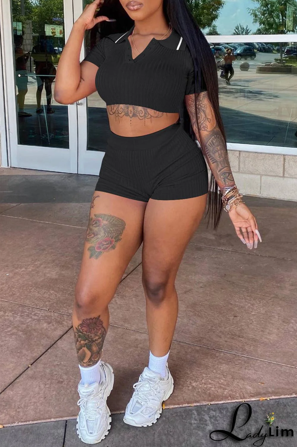 Black Fashion Casual Solid Basic Turndown Collar Short Sleeve Two Pieces