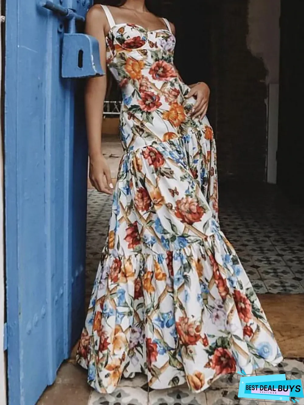 Women's Swing Dress Maxi Long Dress Sleeveless Floral Print Fall Elegant Casual Rainbow