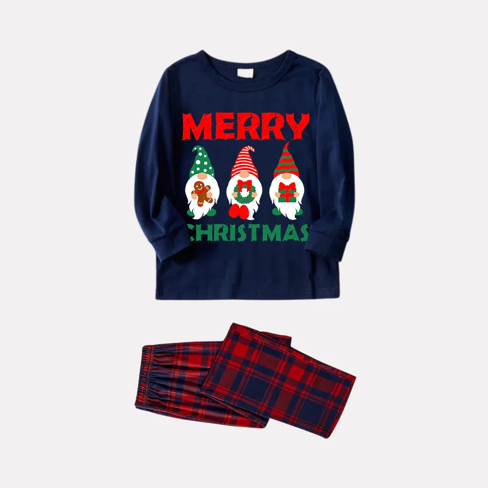Christmas Elf Pattern Blue Long Sleeve Top with Blue & Red Plaid Family Matching Pajamas