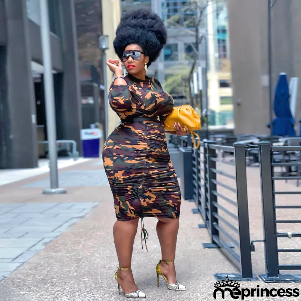 Plus Size Camo Print Drawstring Ruched Midi Dress