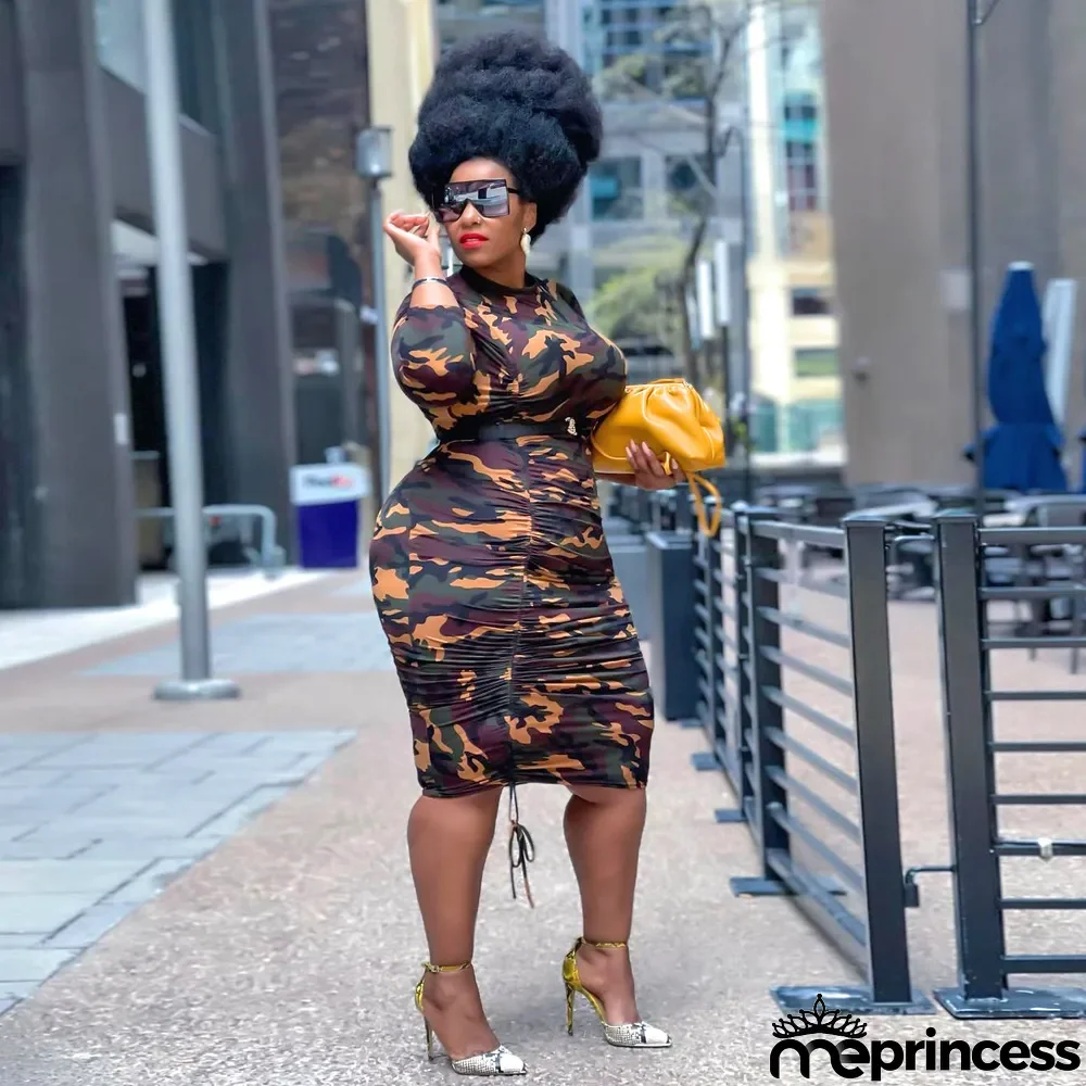 Plus Size Camo Print Drawstring Ruched Midi Dress