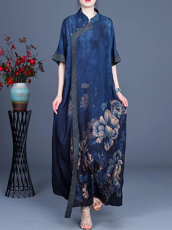 Original Floral Print Split-Joint Stand Collar Maxi Dress