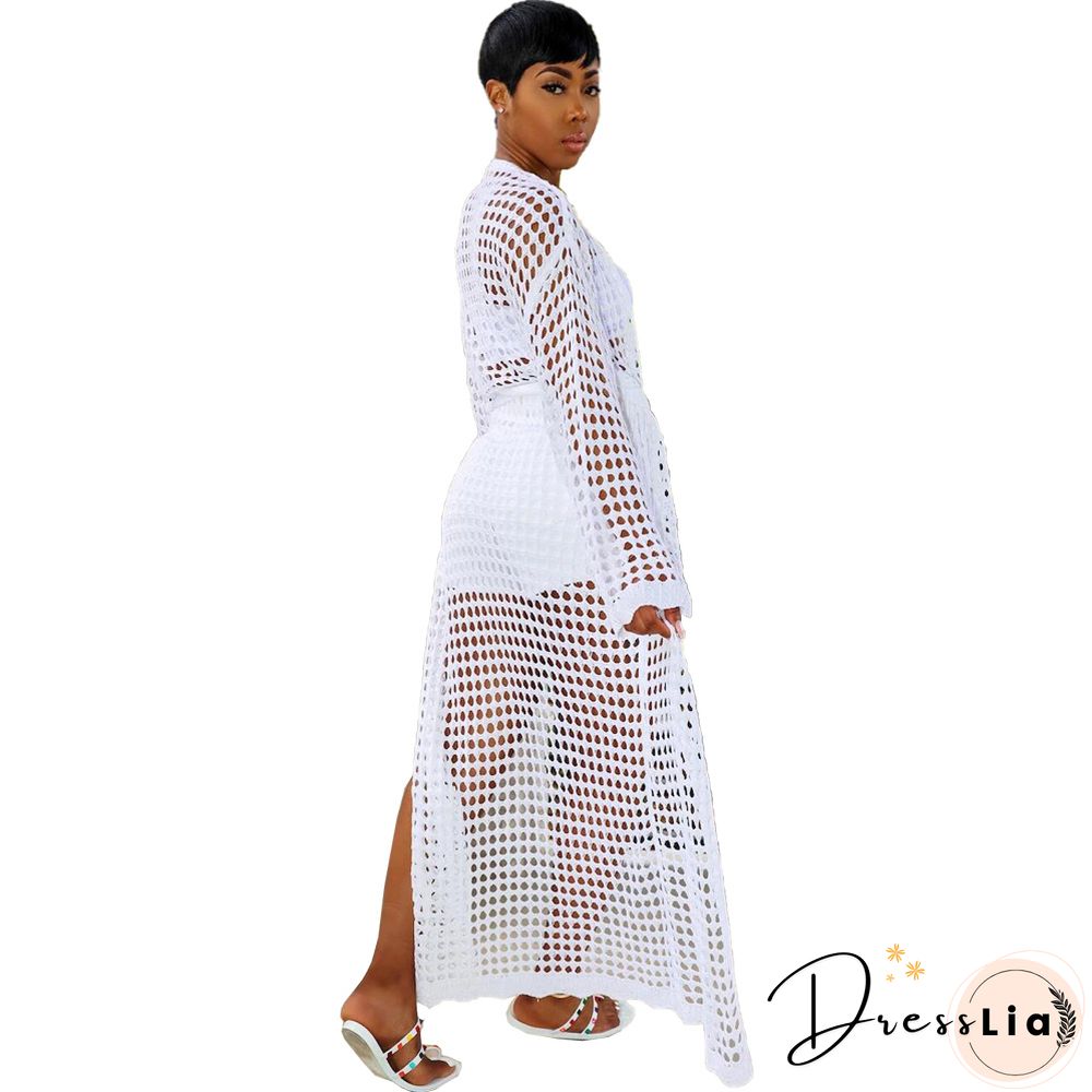 Beachwear Long Sleeve Mesh Grid Cardigan Cover-ups
