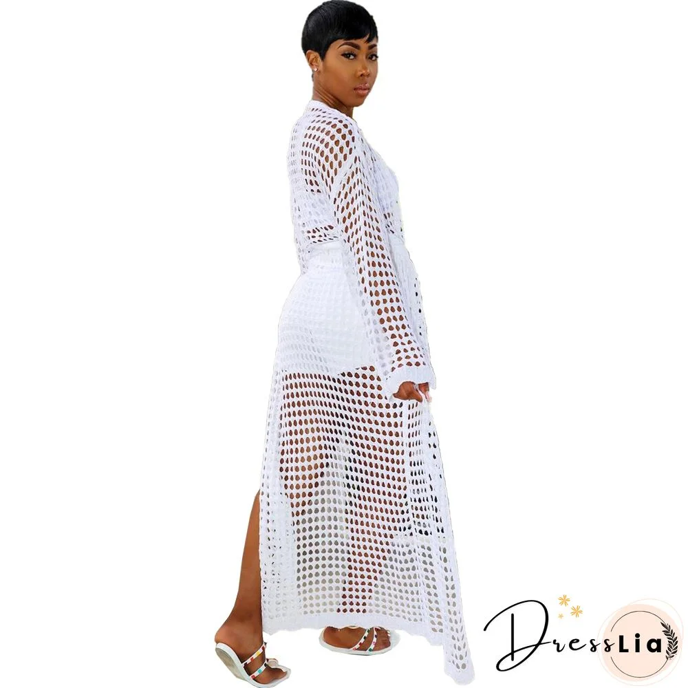 Beachwear Long Sleeve Mesh Grid Cardigan Cover-ups