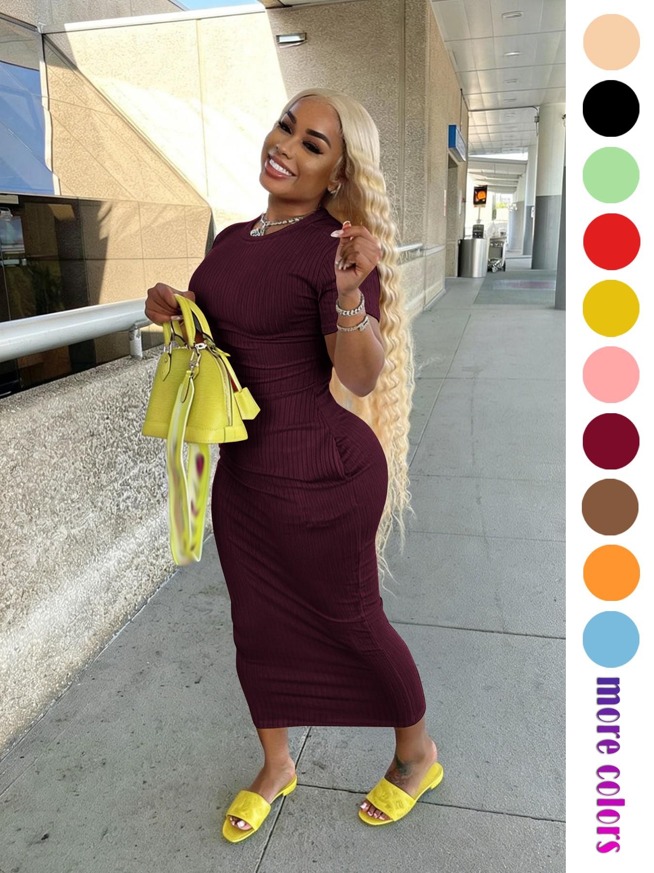 Threaded Elastic Solid Color Bodycon Dress, Breathable Elastic Party Outing Travel Pocket Long Dress, Summer Dress, Everyday Casual Wear, Womenswear