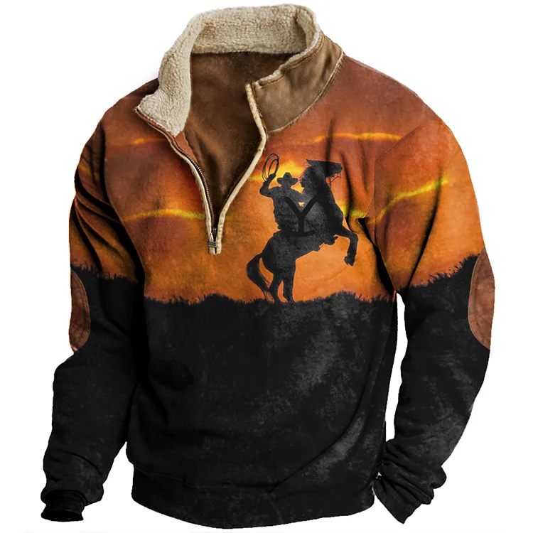 Men's Vintage American Western Cowboy Zipper Stand Collar Sweatshirt bbdb