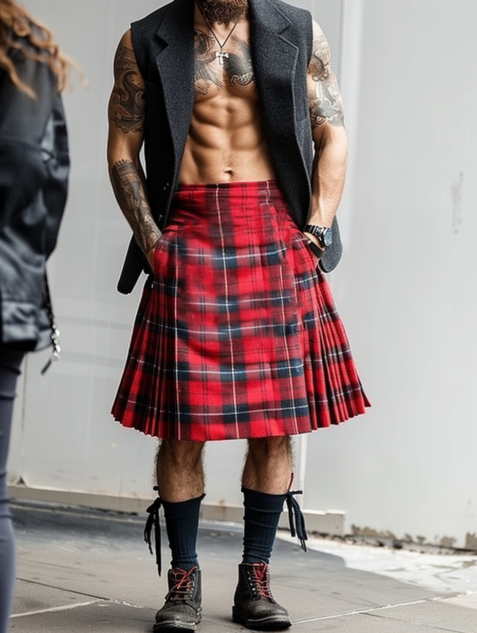 Men's Red Tartan overknee half-slip  Skirt