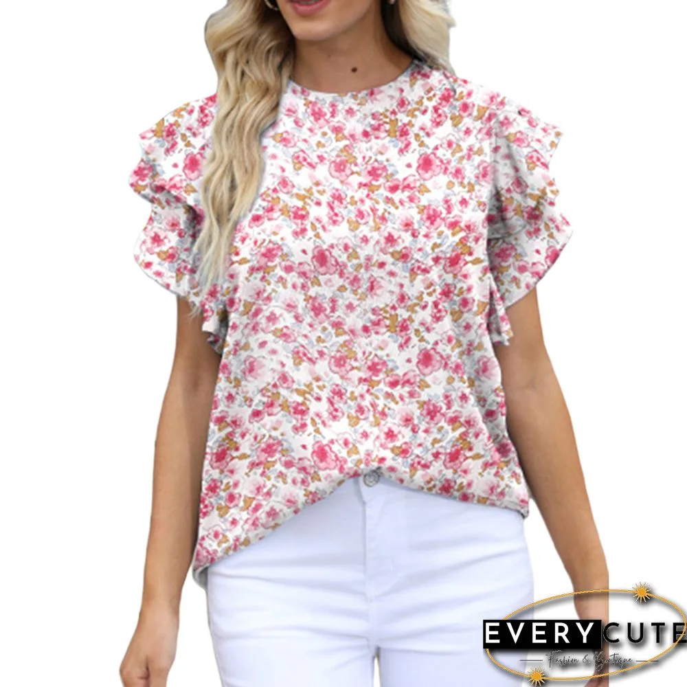 Light Pink Ruffle Sleeve Chiffon Floral Pullover Tops