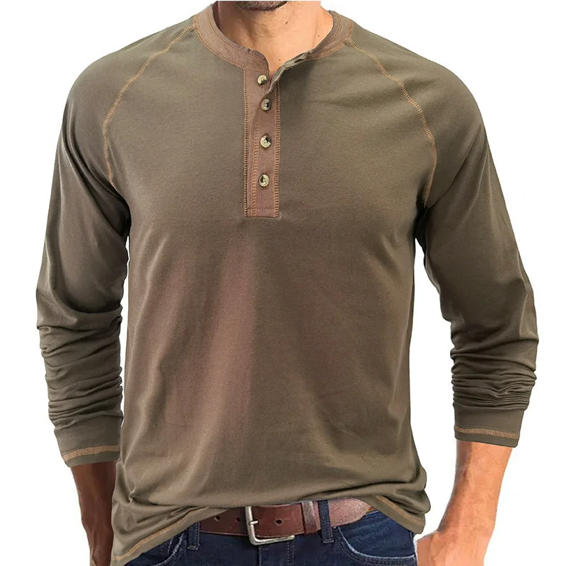 Soft Cotton Fabric Long Sleeve Henley Collar Polo Shirt