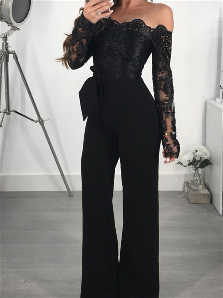 Women's Sexy 2022 Blue Black Wine Jumpsuit Floral Tulle Chiffon Lace / Wide Leg