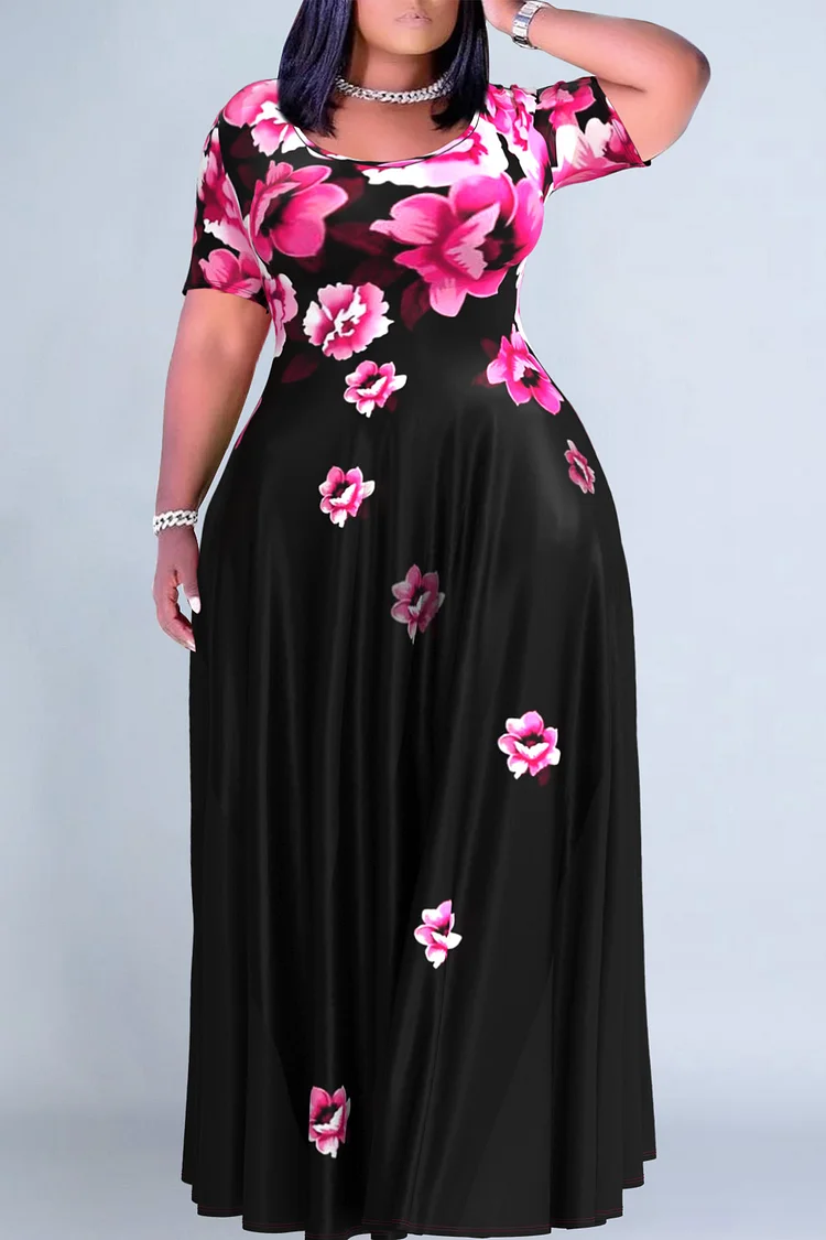 Plus Size Casual Rose Red Floral Print Short Sleeve Maxi Dresses