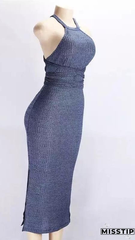 Solid Color Three Seasons Sexy Slim Extended Sleeveless Backless Long Dress