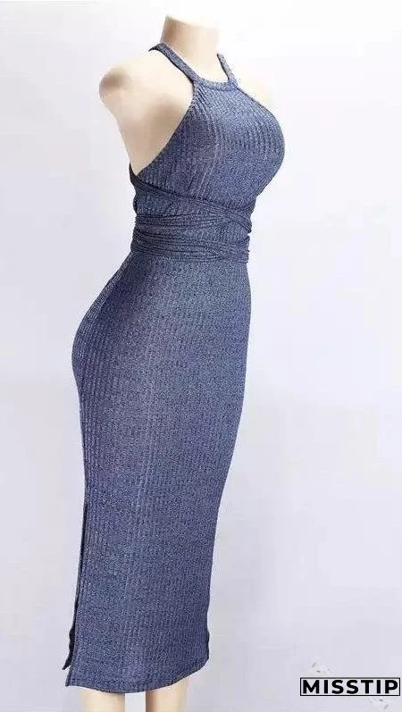 Solid Color Three Seasons Sexy Slim Extended Sleeveless Backless Long Dress