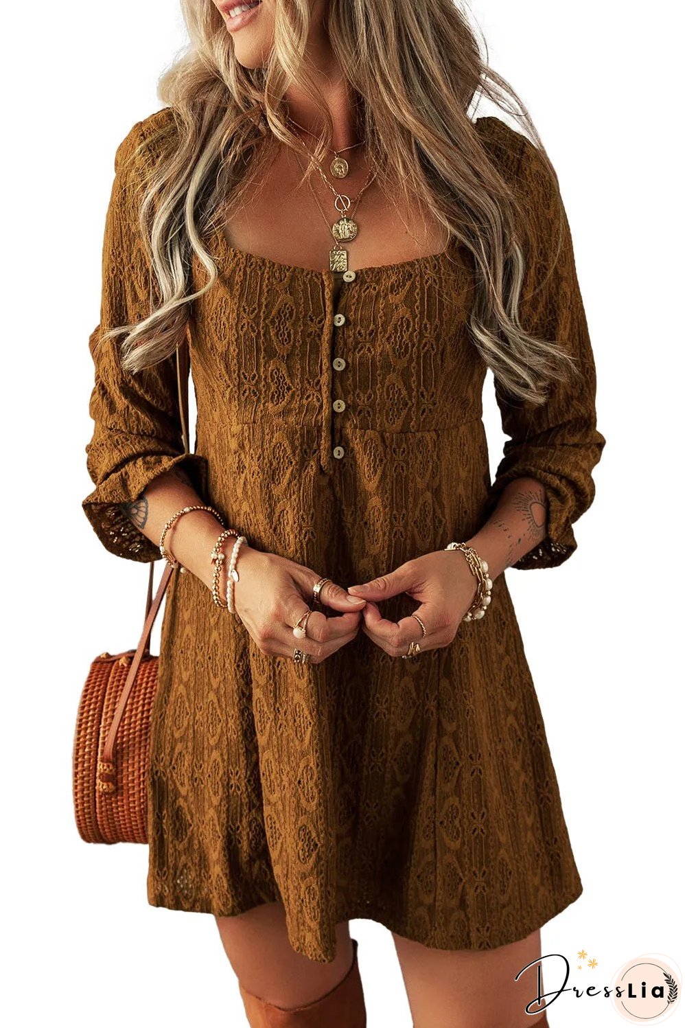 Chestnut Lace Crochet Buttoned Square Neck Shift Mini Dress