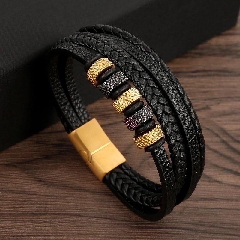 Vintage Style Solid Color Stainless Steel Pu Leather Handmade Men's Bracelets3