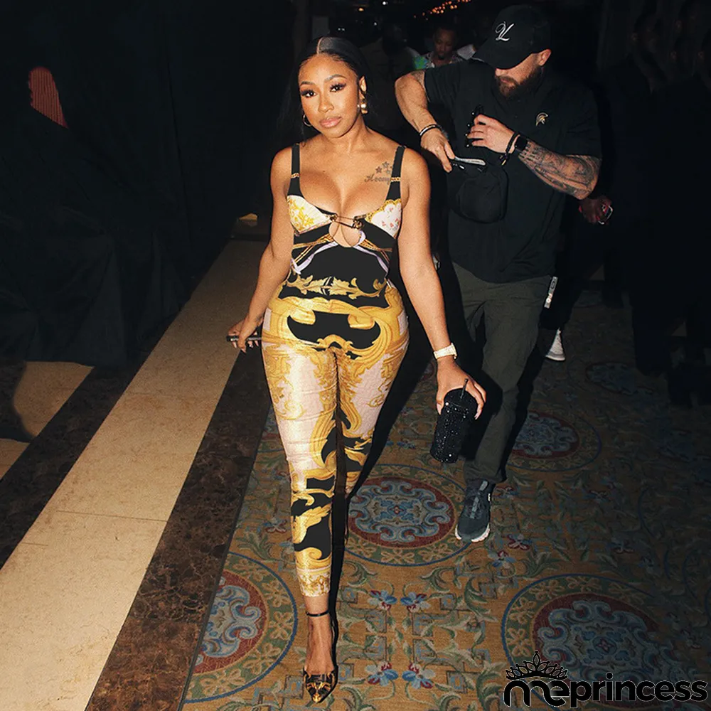 Summer Women Fashion Print Hollow Sling High Waist Tight Fitting Jumpsuit Women