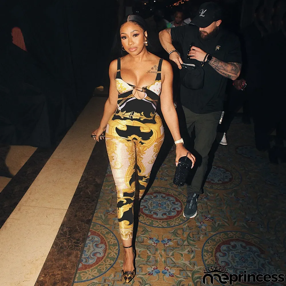 Summer Women Fashion Print Hollow Sling High Waist Tight Fitting Jumpsuit Women