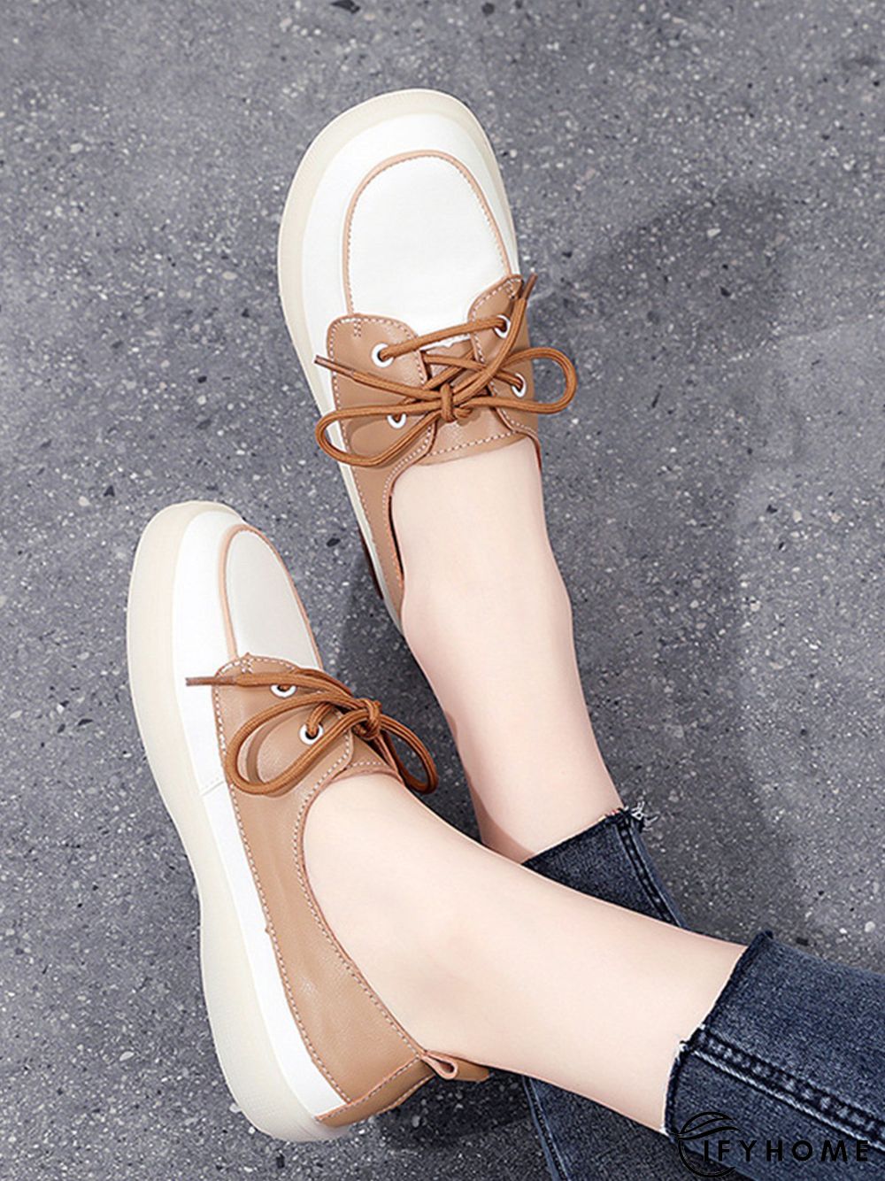Casual Split Joint Color Block Leather Lace Up Flat Shoes | IFYHOME
