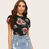 SHEIN Lady Black Roll Up Sleeve Flower Print Cap Sleeve Tee Top Women Summer Round Neck Casual Slim Fit Curve Hem T-shirts