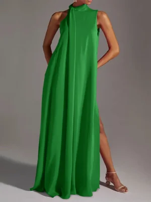 Image of Sleeveless Solid Color Split-Side Round-Neck Maxi Dresses