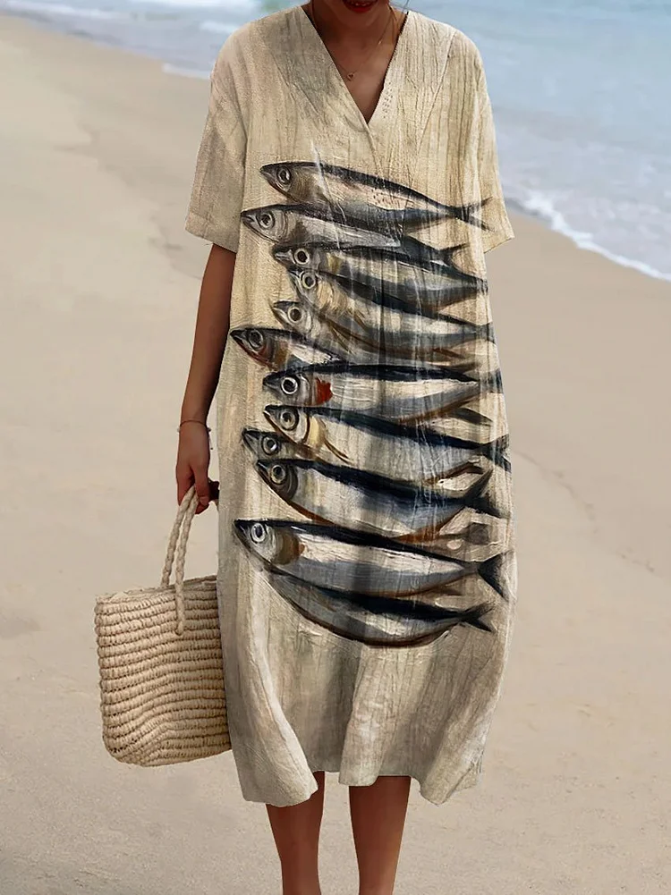 Women's Vintage Fish Art Print Flowy Dress