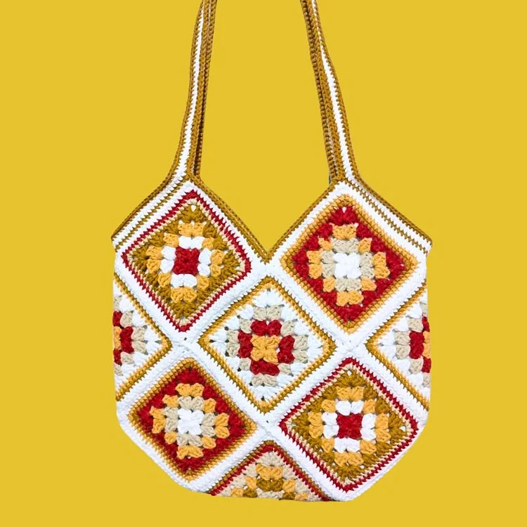 Lulusnow Handmade Red Granny Square Crochet Tote Bag Shoulder Bag 