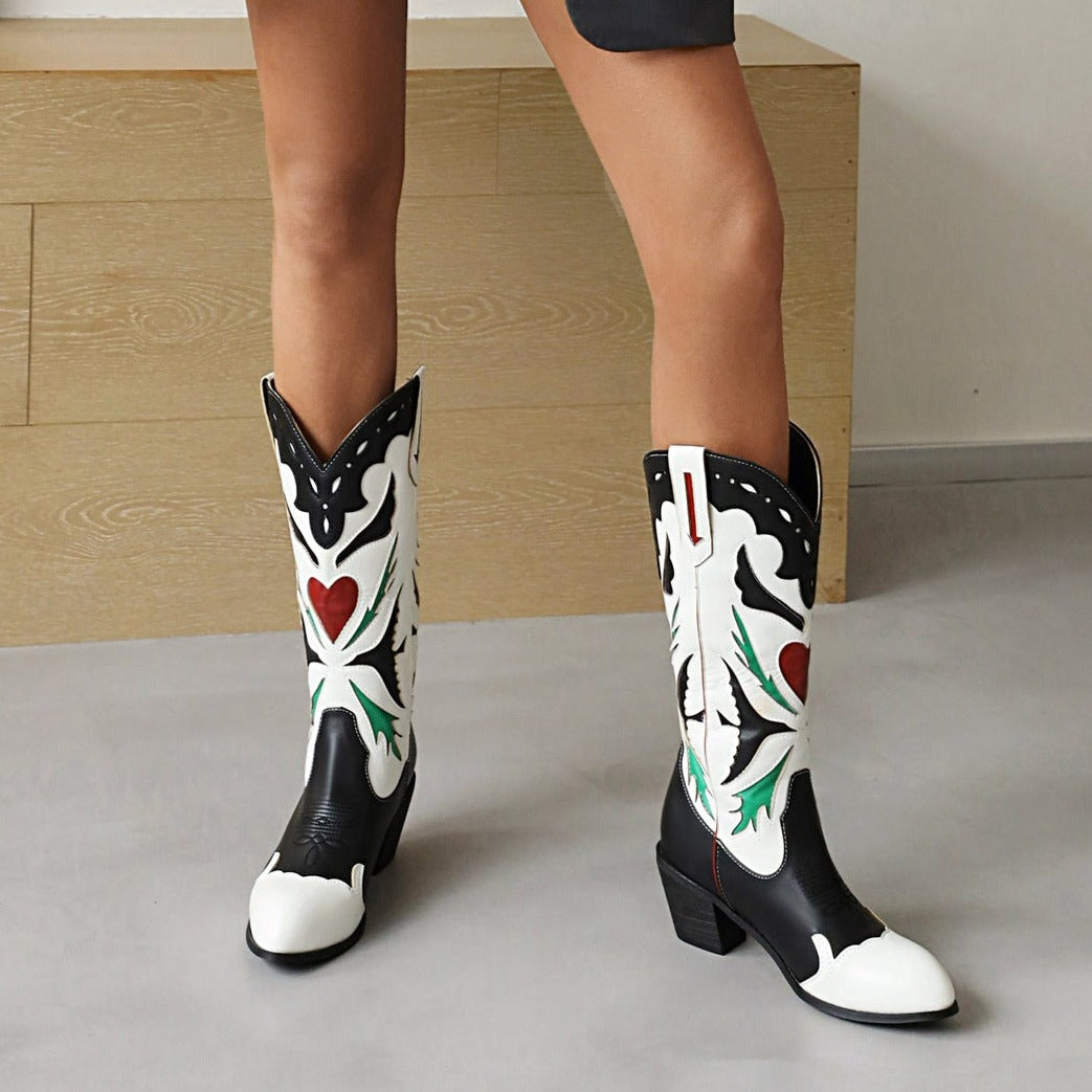 Texture patch black white block heels mid calf cowboy boots for women