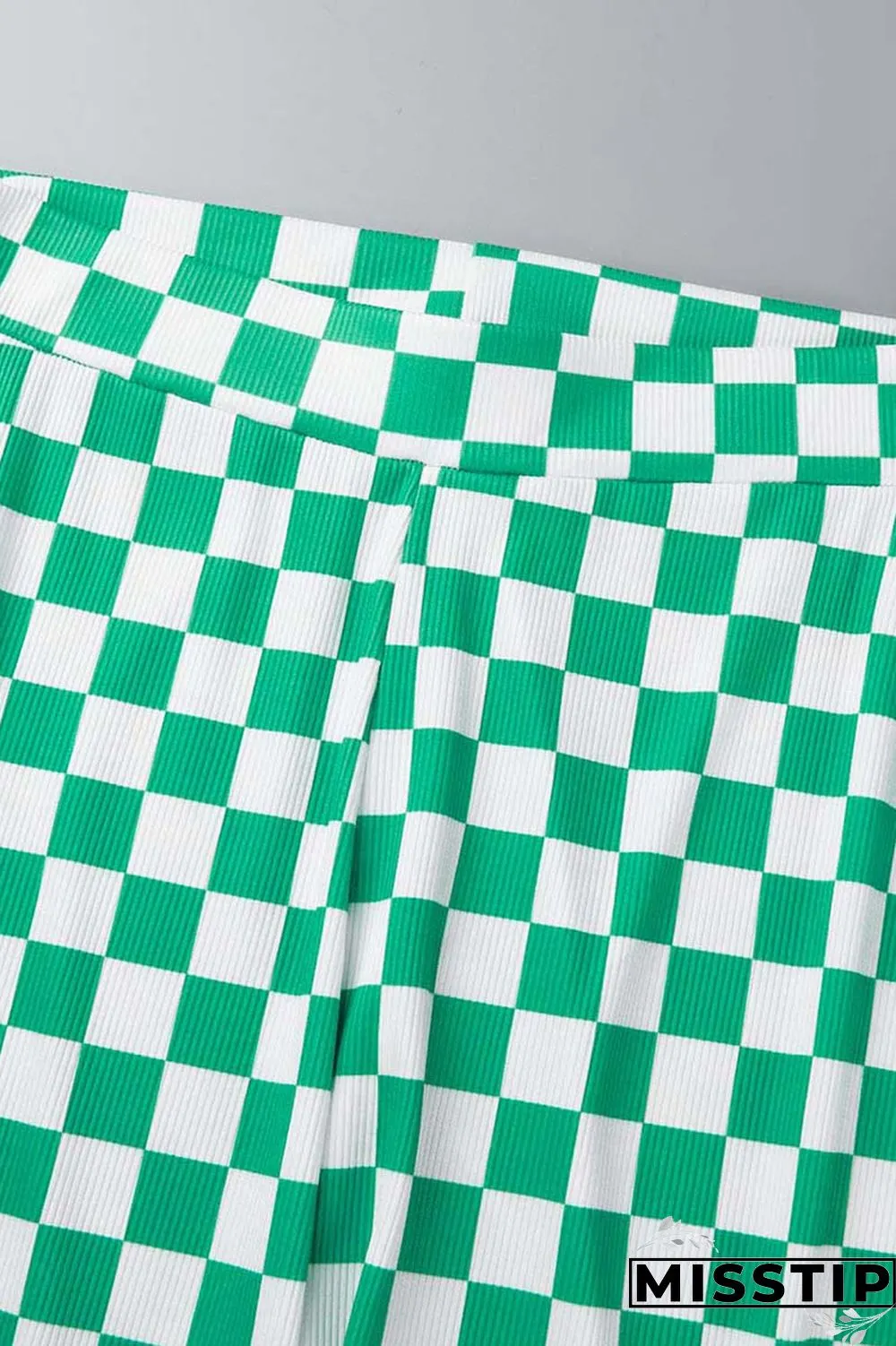 Green Casual Plaid Print Basic Half A Turtleneck Short Sleeve Two Pieces