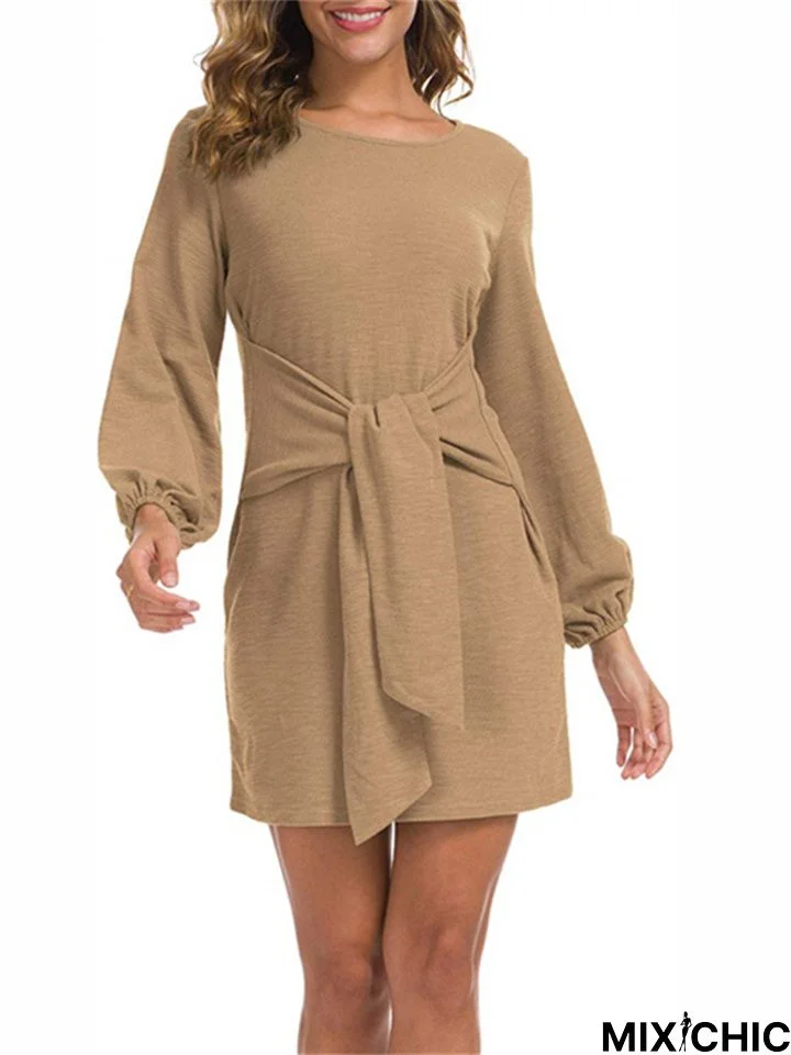 New Women's Waist Long Sleeve Strap Solid Color Dress