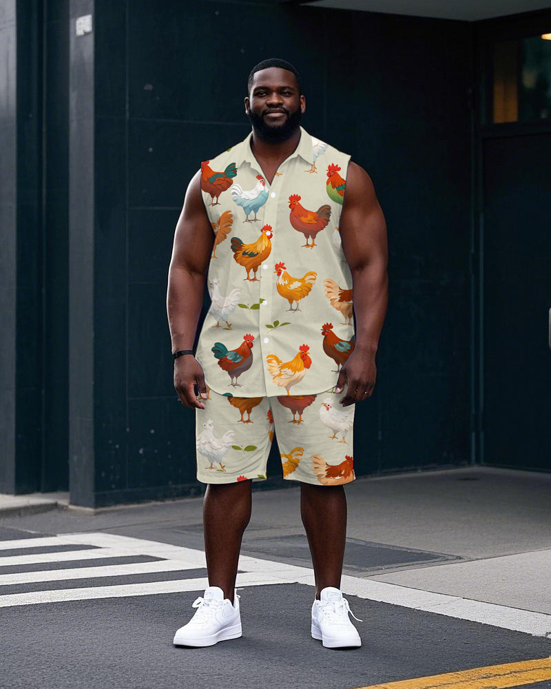 Big Men's Funny Rooster Cartoon All Over Printed Sleeveless Shirt and Shorts Set