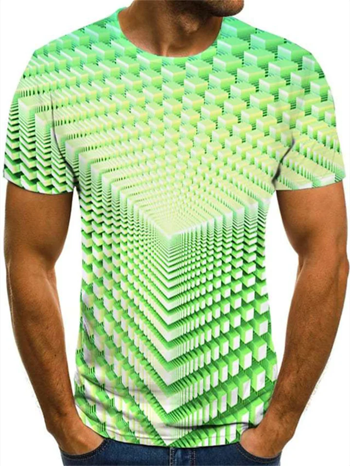 Men's T-Shirt Round Neck Geometric 3D Print Green Pink Purple Yellow