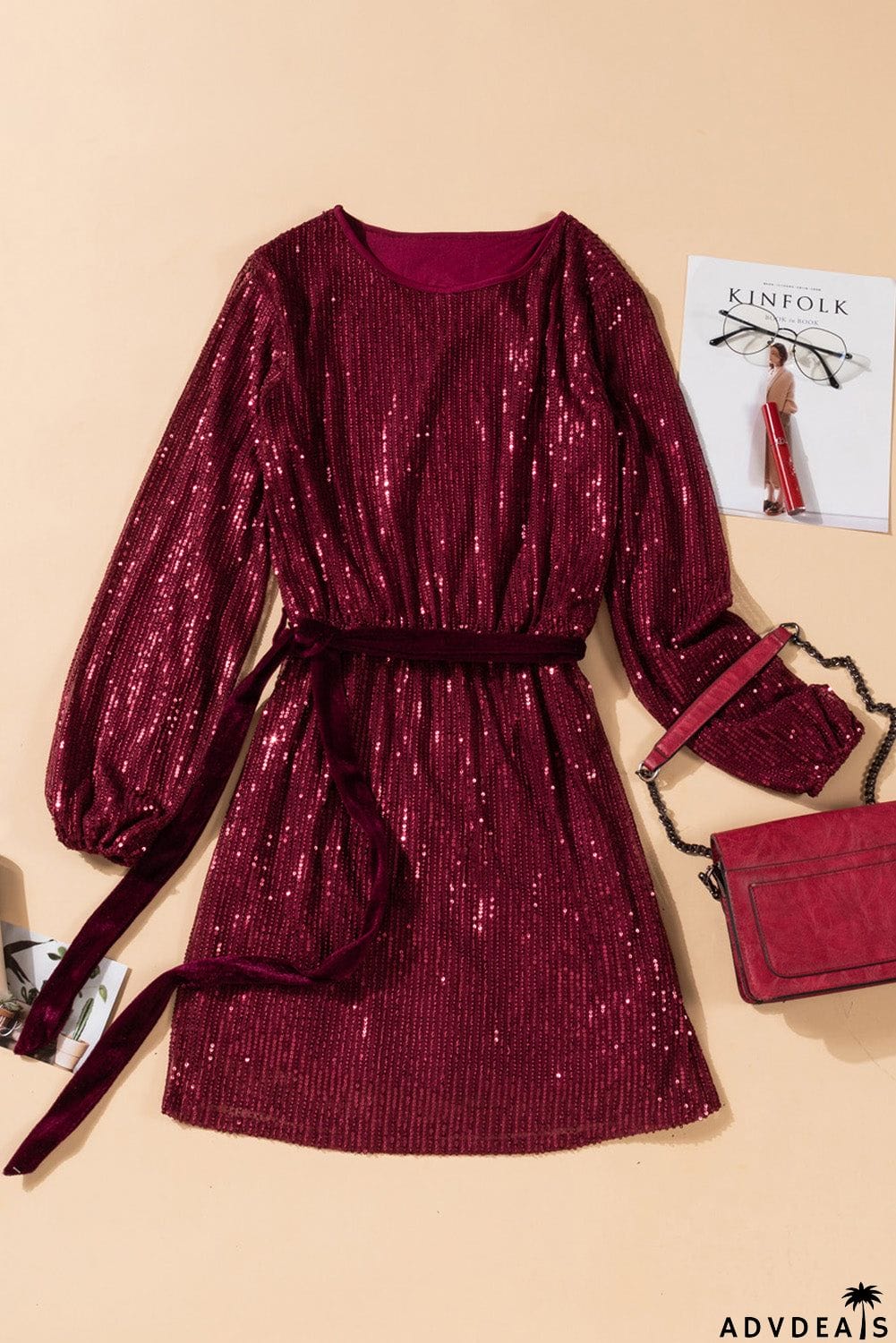 Wine Red Loose Long Sleeve Sequin Dress with Sash