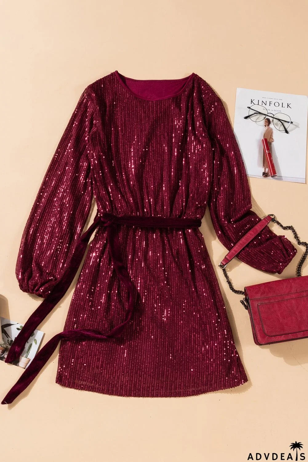 Wine Red Loose Long Sleeve Sequin Dress with Sash