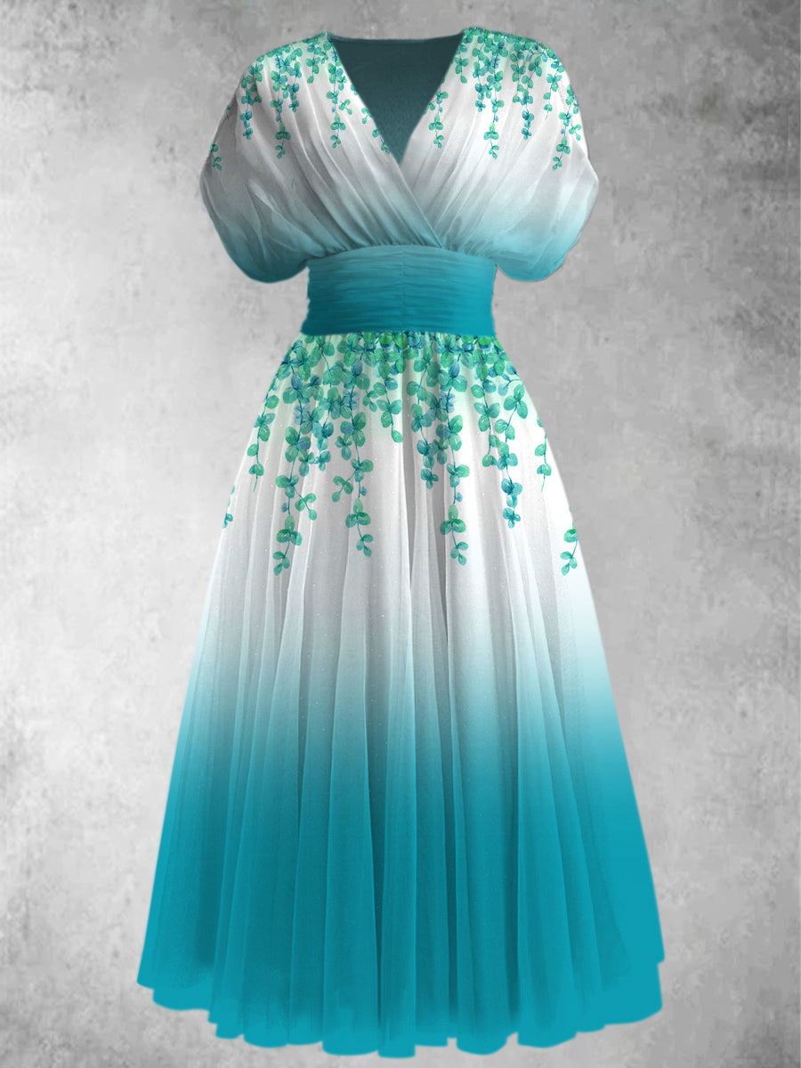 Gradient Leaf Print Elegant V-Neck Chic Short Sleeve Maxi Dress