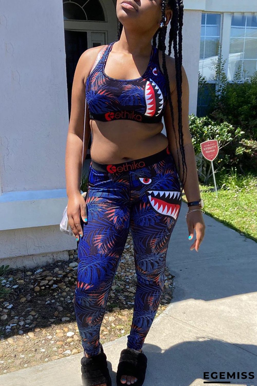 Deep Blue Fashion Sportswear Sleeveless O Neck Off The Shoulder Short Print Two Pieces | EGEMISS