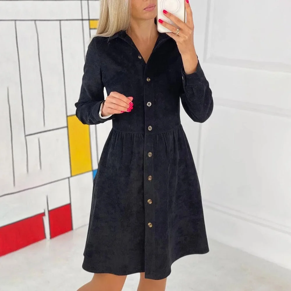 Graduation Gifts  Autumn Retro Corduroy Khaki Midi Dress Female Casual Turn-down Collar Single Breasted Solid Shirt Dresses For Women 2022vestidos