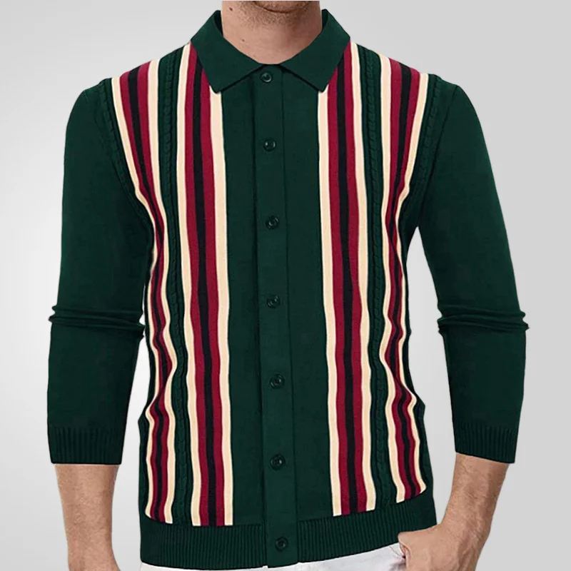 Uveng Uveng Men's Men's Spring Thin Knits Business Casual Long Sleeve Striped Polo Shirts