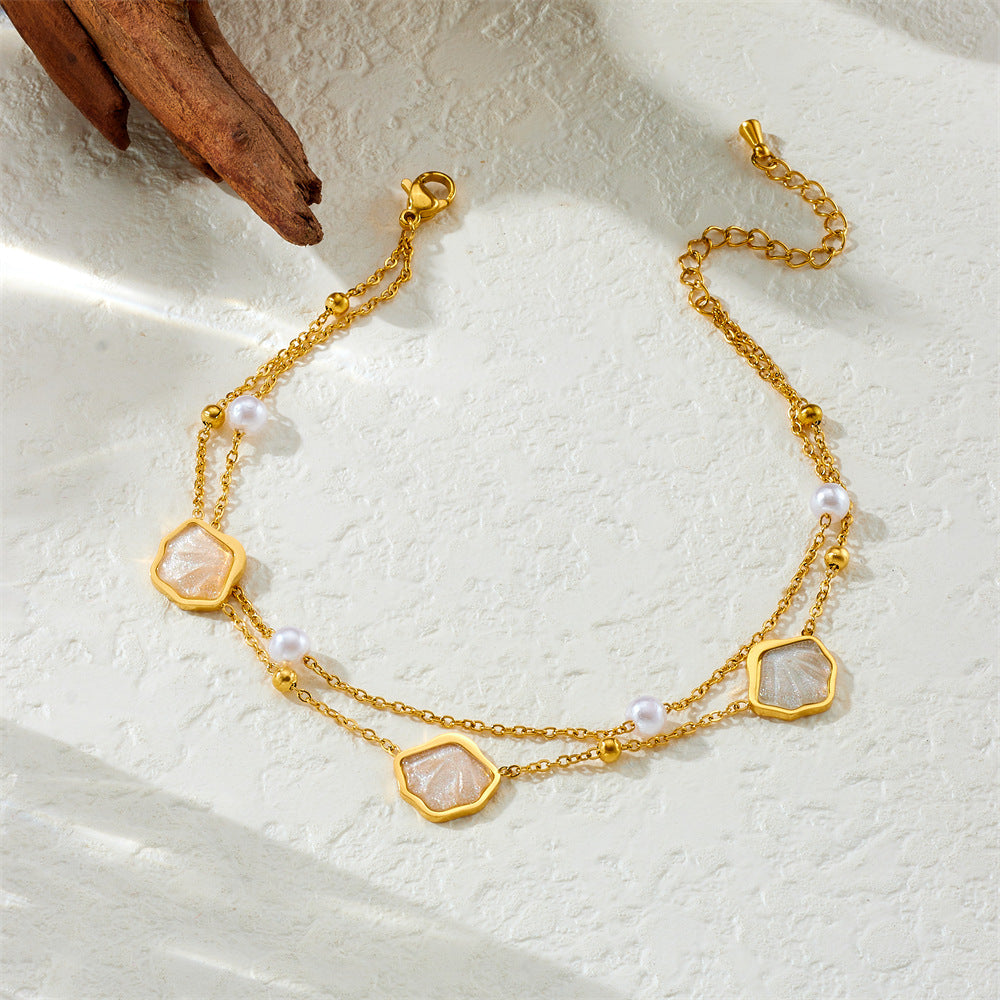 Fashionable And Simple Colorful Fine Glitter Shell Butterfly Double Layered Beach Style Stainless Steel Chain Pearl Starfish Anklet