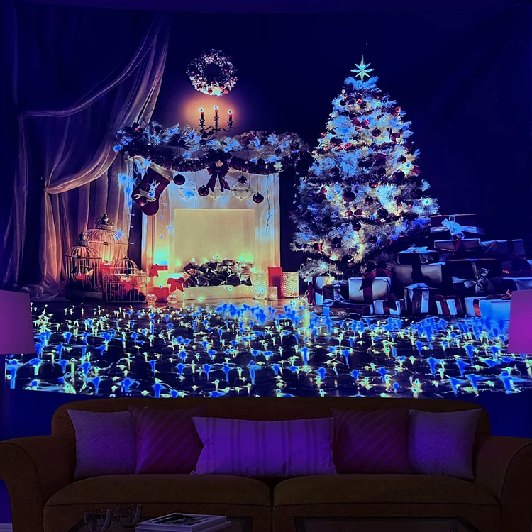 Christmas Tree and Fireplace - Black Light Tapestry