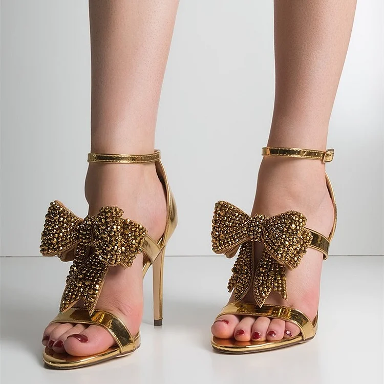Gold Rhinestone Bow Sandals Metallic Ankle Strap Evening Shoes |FSJ Shoes