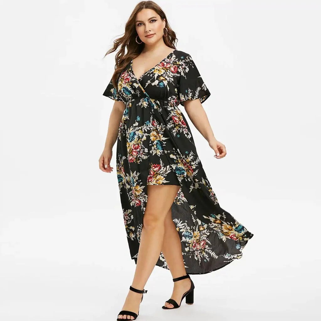 Fashion Plus Size Dress Women Short Sleeve Floral Printed Bell Sleeve High Low Maxi Dress Summer Clothes For Women Maxi Jurk Hot