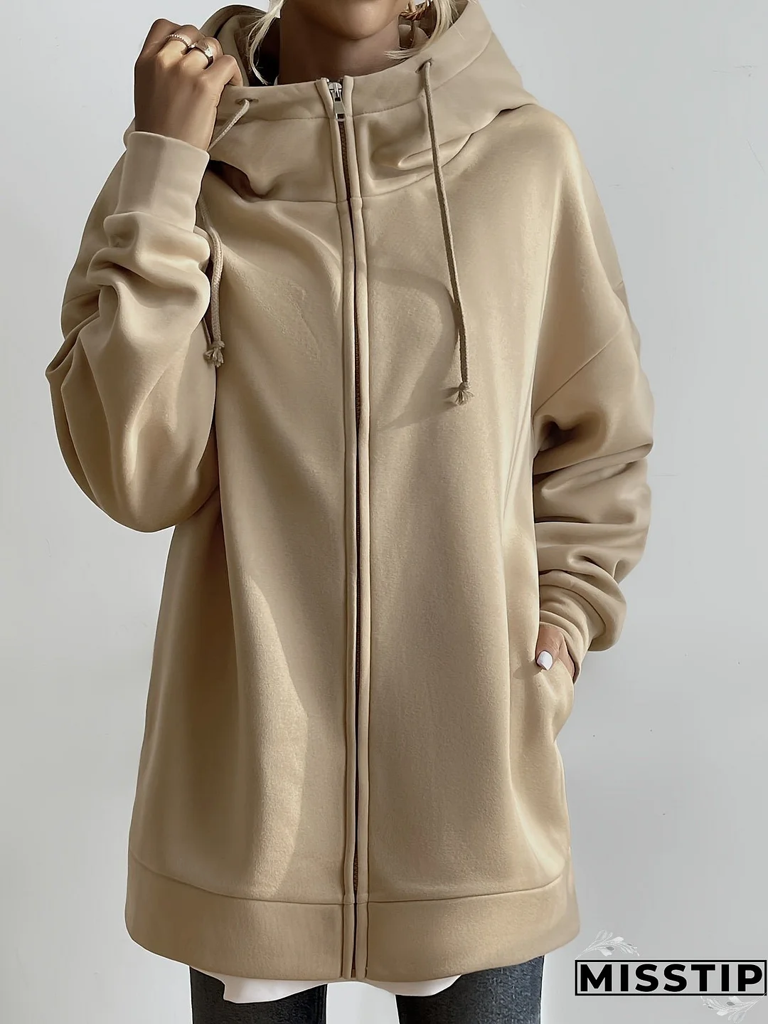 Solid Color Casual Sports Hooded Zipper Sweatshirs, Long Sleeve Drawstring Hoodie, Women's Sporty Sweatshirts