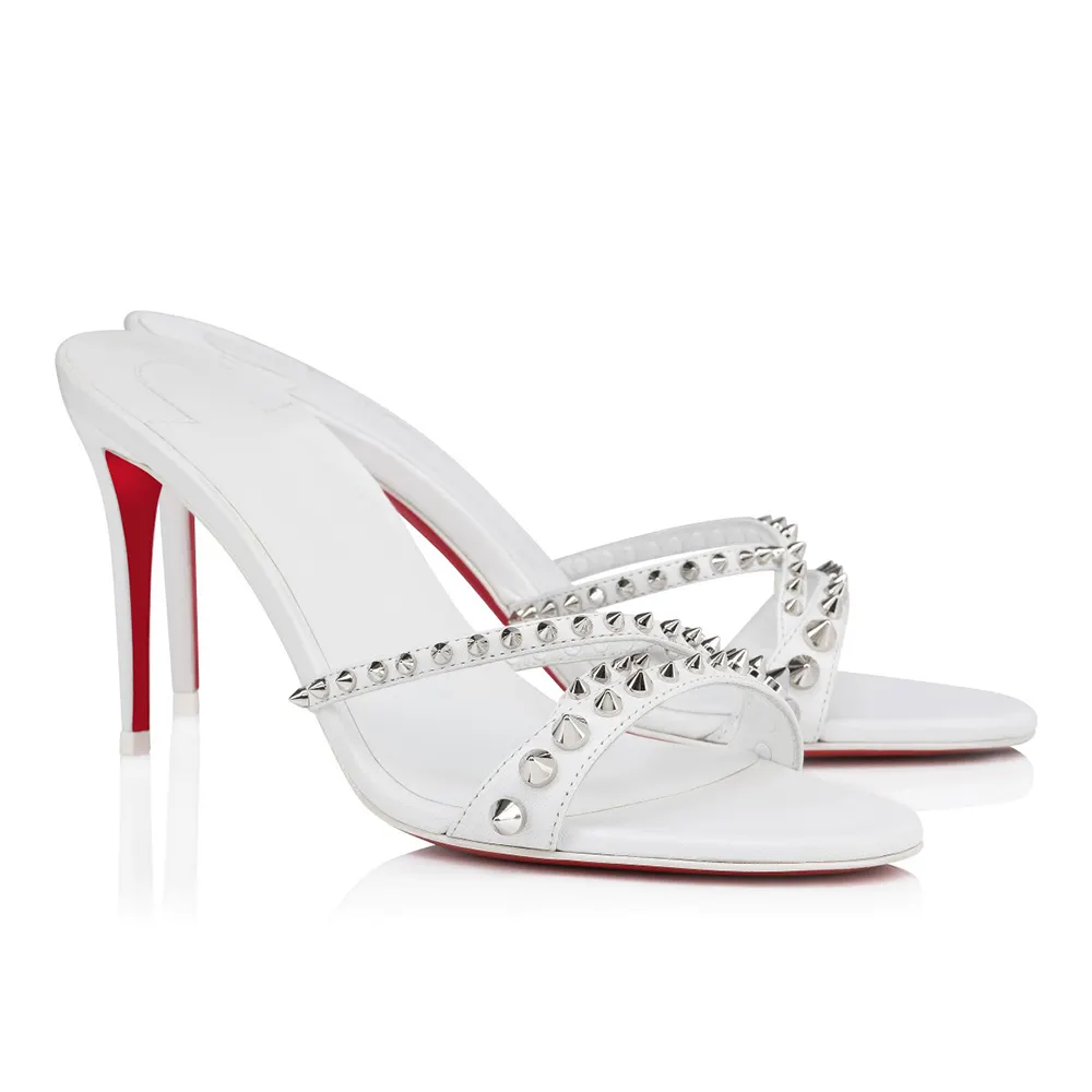 85mm Women's Sandals Pointed Toe Rivet Mules Red Bottom Heels Slip on Stilettos-vocosishoes