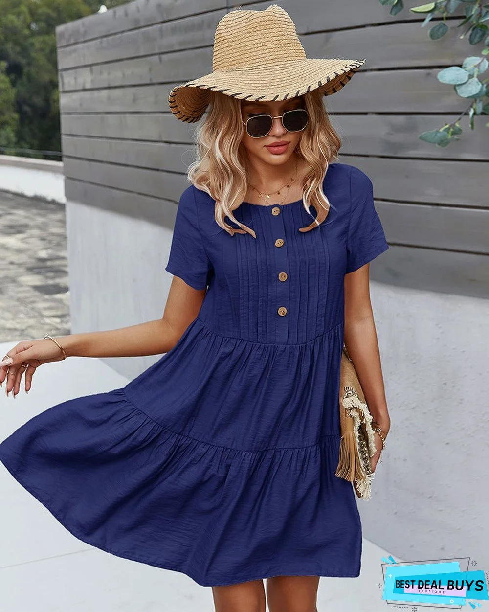 Women's Solid Color Dress Spring and Summer Short Sleeve Cotton Skirt