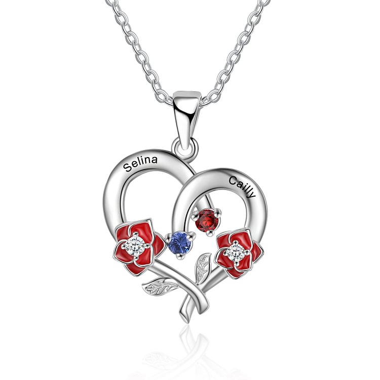 Collar de plata 925 2 flores de 2 nombres personalizados con 2 piedras de nacimiento