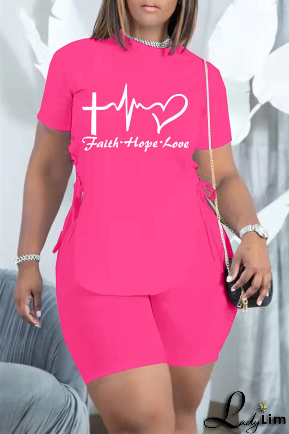 Khaki Fashion Casual Print Bandage Slit O Neck Short Sleeve Two Pieces