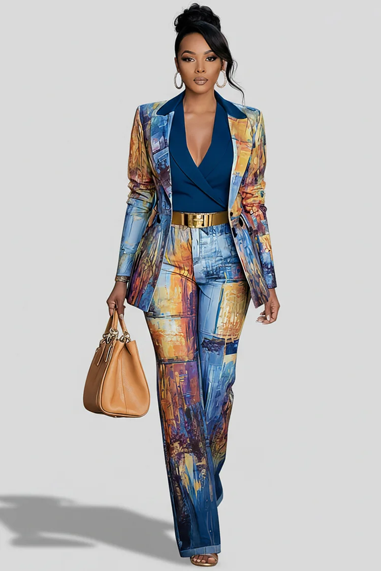 Xpluswear Design Plus Size Business Casual Blue All Over Print Lapel Collar Long Sleeve Pocket Two Piece Pant Suits 2024 - Xpluswear