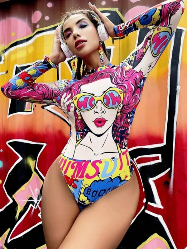 Artistic Illustration Printed Long Sleeves Backless Wetsuits