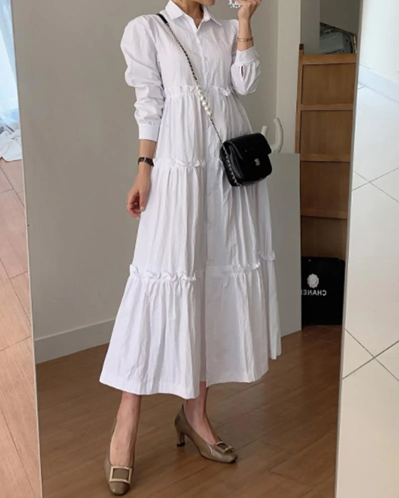 Solid color dress with lapel long sleeves