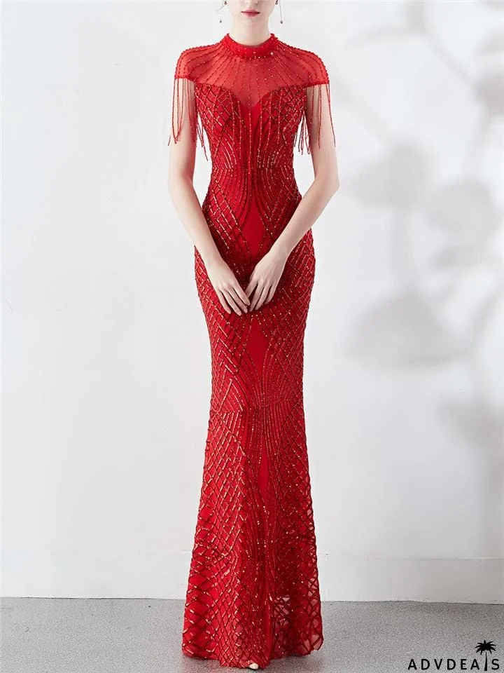 Stunning Sequined Round Mermaid Maxi Dress for Formal Party